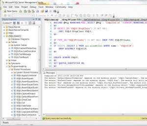 Screenshot of SQL Server Management Studio showing some of the tSQLt objects created by the release script